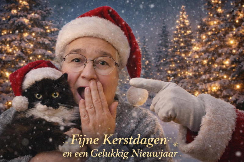 Kerstkaart met Marie-Angelique en de zwart-witte kat van haar vriendin in Santa-mutsen, staand in een besneeuwd winters bos met verlichte dennenbomen, met de tekst ‘Fijne Kerstdagen en een Gelukkig Nieuwjaar’